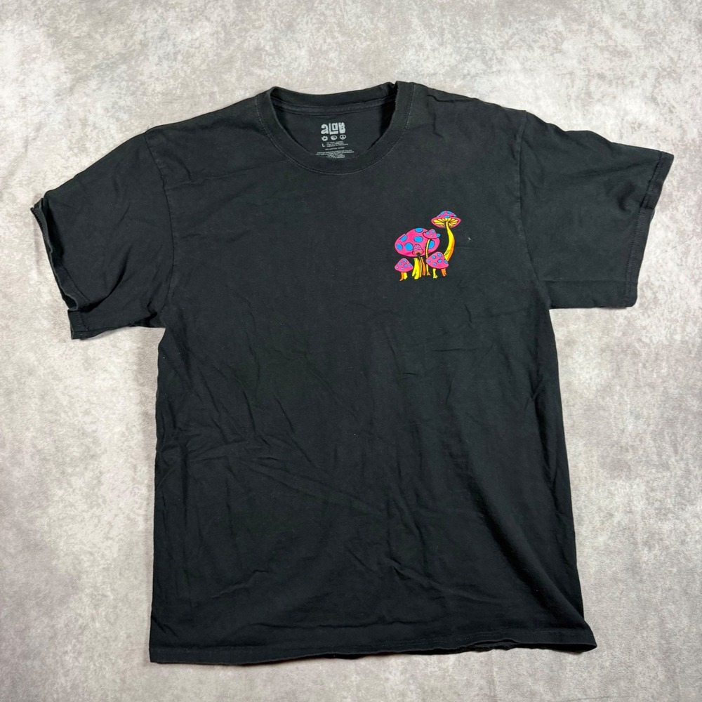 A-Lab Mens Large Black Neon Wizard Mushroom Graphic T-Shirt Trippy Psychedelic